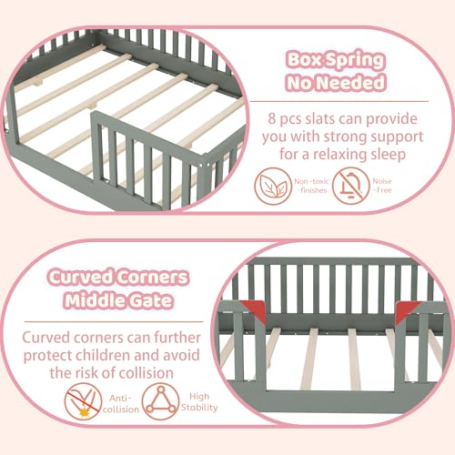 Mirightone Full Floor Bed with High Rails, Wooden Montessori Bed Frame with Single Color Light and House Shape Design, Low Profile Beds for Kids, Boys and Girls, Grey Mirightone