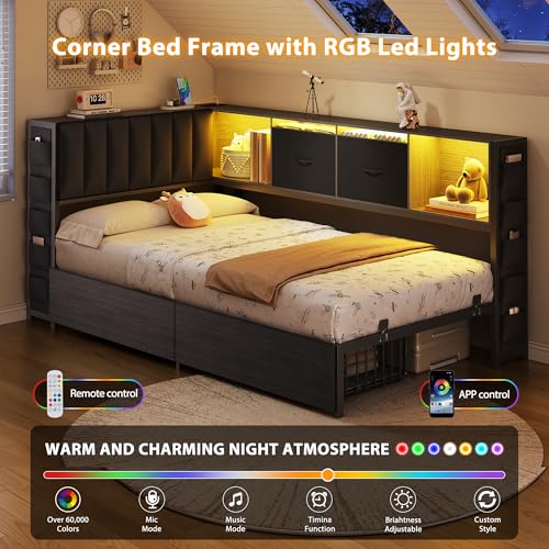 MapleGrace Twin Corner Bed Frame with Upholstered Storage Headboard and Drawers, Metal Platform Bed Frame with LED Light and Charging Station, Twin Daybed for Living Room, Bedroom & Guest Room, Black MapleGrace