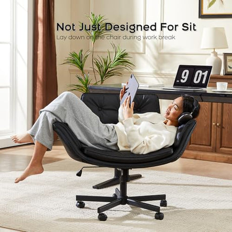 amseatec Criss Cross Chair with Armrests & Wheels, PU Leather Vanity Chair, Comfortable Adjustable Swivel Computer Office Desk Chairs for Home, Make Up, Bed Room (Black) amseatec