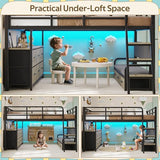 busyaeh Low Loft Bed Full Size,Full Loft Bed for Kids with 9 Storage Drawers & 15.8" H Safety Guardrail & Inclined Ladder & Safety Handrail & LED Lights and Charging Station，Toddler Loft Beds,Oak Gray busyaeh