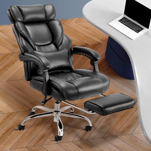 COLAMY Office Chair with Retractable Footrest, Ergonomic High Back Design Executive Computer Desk Chair with Removable Lumbar Pillow, 90-135°Reclining, Thick Bonded Leather for Home Office Work, Black COLAMY
