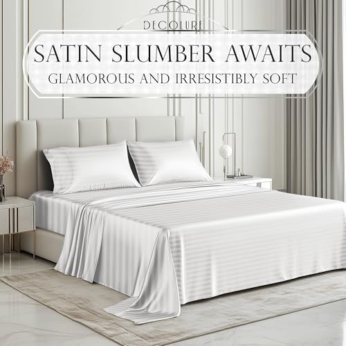 DECOLURE Satin Bed Sheets - 6 Piece Luxury Silky King Size Bedding Set - Softer Than Silk, Wrinkle-Free with 15” Deep Pocket Fitted Sheet, Perfect for Hair & Skin, Gifts for Women (Striped White) DECOLURE