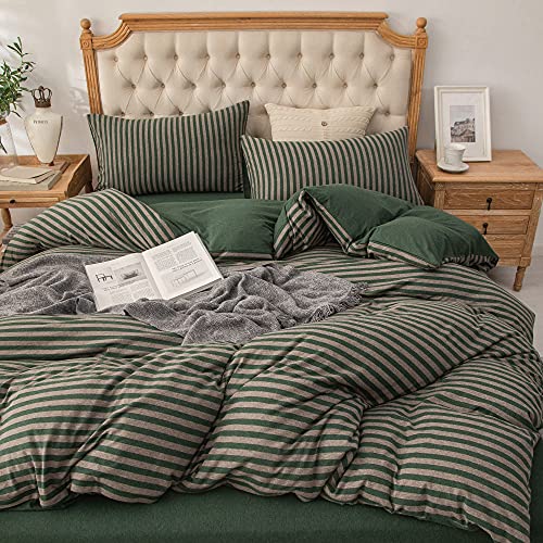 PURE ERA Jersey Knit Duvet Cover Set 100% T-Shirt Heather Cotton Super Soft Comfy Classic Striped Design, with Zipper Closure, Forest Green Stripe, Full PURE ERA