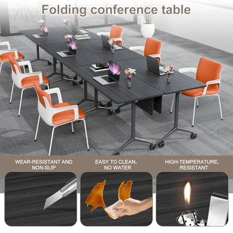 IEDZBEQ Folding Conference Room Tables on Wheels - Mobile Conference Tables Wooden Rectangular Flip Top Training Table 8-16 Person,for Meeting,Office,Seminar (2, Ebony, 47 in) IEDZBEQ