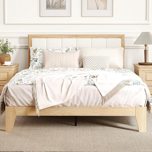 HOMCOM Full Size Bed Frame with Upholstered Headboard, Platform Bed Frame with Wooden Slats, No Box Spring Needed, Easy Assembly, Natural HOMCOM