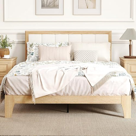 HOMCOM Full Size Bed Frame with Upholstered Headboard, Platform Bed Frame with Wooden Slats, No Box Spring Needed, Easy Assembly, Natural HOMCOM