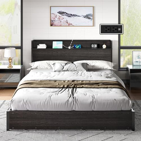 AMERLIFE King Size Lift Up Storage Bed Frame, Wooden Platform Bed Frame with Lifting Storage & Charging Station, No Spring Box Needed/Noise Free, Black AMERLIFE