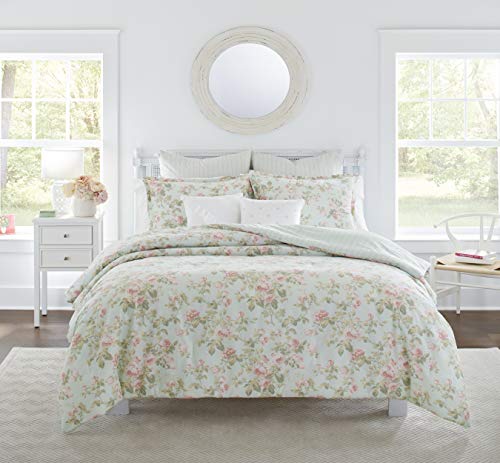 Laura Ashley Home - King Comforter Set, Reversible Cotton Bedding, Includes Matching Shams with Bonus Euro Shams & Throw Pillows (Madelynn Pastel Blue, King) Laura Ashley