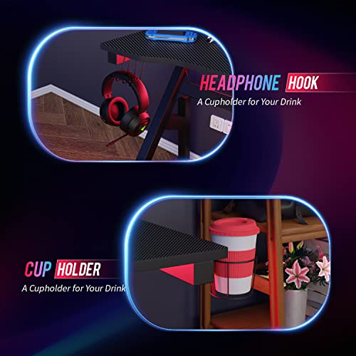 BestOffice | 47" Gaming Desk | Red | Carbon Fiber Textured Computer Desk | Sturdy Steel Frame, Cup Holder, Headphone Hook, Cable Management Holes, Adjustable Leg Pads | for Gamers, Home, Office BestOffice