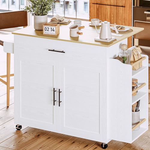 Rolling Kitchen Island with Drop Leaf and Storage by IRONCK, White IRONCK