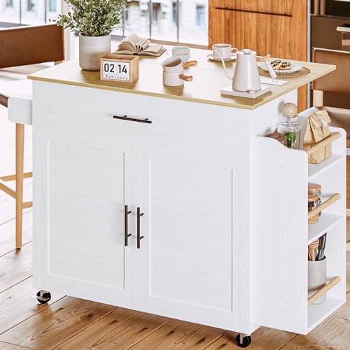 Rolling Kitchen Island with Drop Leaf and Storage by IRONCK, White - WoodArtSupply