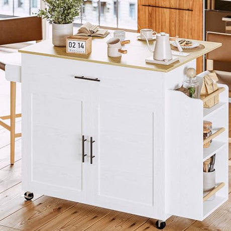 Rolling Kitchen Island with Drop Leaf and Storage by IRONCK, White IRONCK