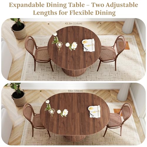 weselon 43"-59" Extendable Round to Oval Dining Table with Hidden Storage, Modern Wooden Kitchen Table with Fluted Sliding Door Cabinet, Expandable Dinner Table for Dining Room Living Room (Walnut) weselon