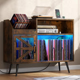 Gyfimoie Record Player Stand Holds Up to 350 Albums, Turntable Stand with LED Light, Records Storage Cabinet with Power Outlet, Record Player Table with Vinyl Storage(Brown) Gyfimoie