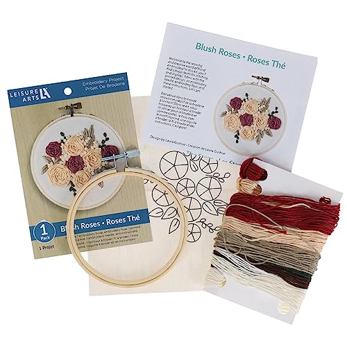 LEISURE ARTS Embroidery Kit 4" Blush Rose (French) - Embroidery Kit for Beginners and Adults, Cross Stitch Kits with Patterns, DIY Starter Set for Seasonal Craft Projects