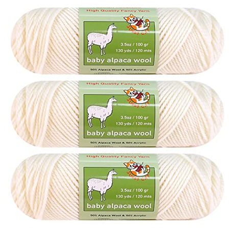3-Pack Baby Alpaca Wool Blend Yarn Worsted Weight Fashion Collection Art Crafts Crochet and Knitting Sunny Cat Premium Brand (White) Sunny Cat