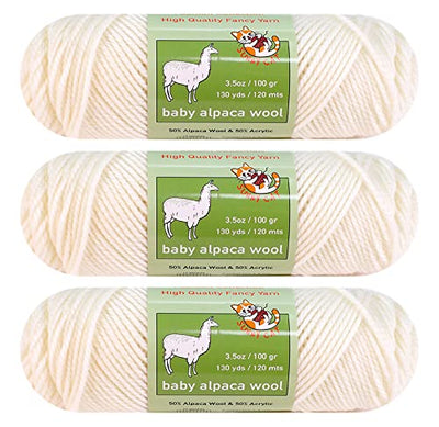 3-Pack Baby Alpaca Wool Blend Yarn Worsted Weight Fashion Collection Art Crafts Crochet and Knitting Sunny Cat Premium Brand (White)