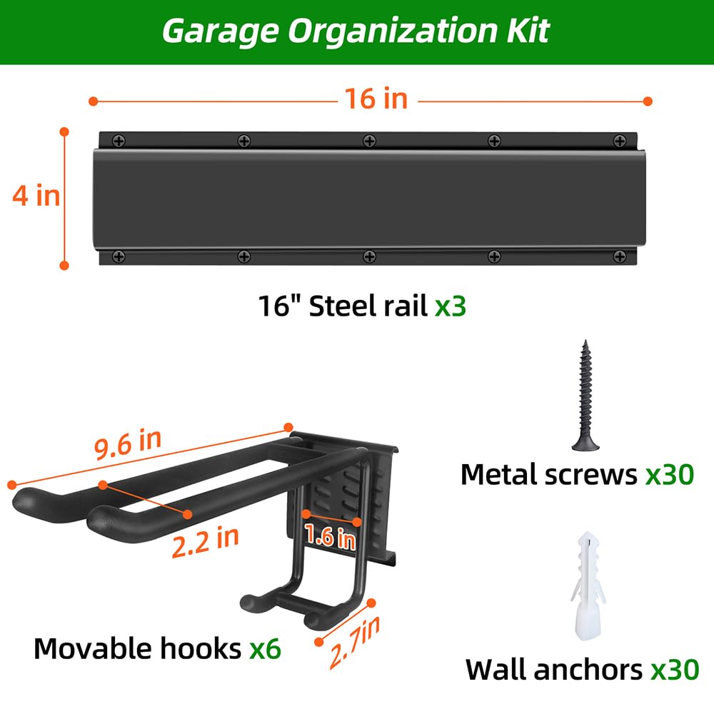 PIYILO Garage Organization, Garage Tool Organizer Wall Mount with 48 inches Rails and 6 Double-layer Hooks, Garden Tool Rack Heavy Duty, Garage Hanging Storage Rack For Yard Tools, Shovel, Shed PIYILO
