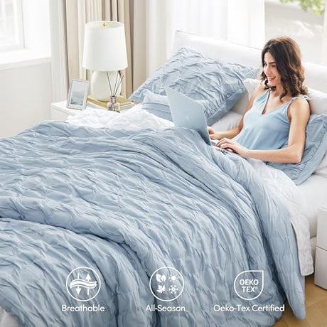 Comfort Spaces Comforter for King Size Bed, Ogee Ruched with Crinkle Texture, Breathable Comforter Set King, All Season Lightweight Bedding Set, Shams, Décor Pilow, King/Cal King Blue 4 Piece Comfort Spaces