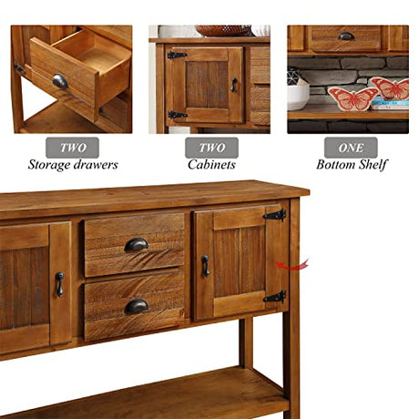 LKTART Farmhouse Wood Console Table with 2 Drawers and 1 Bottom Shelf， Storage Sideboard with 2 Cabinets Buffet Cabinet for Living Room Kitchen and LKTART