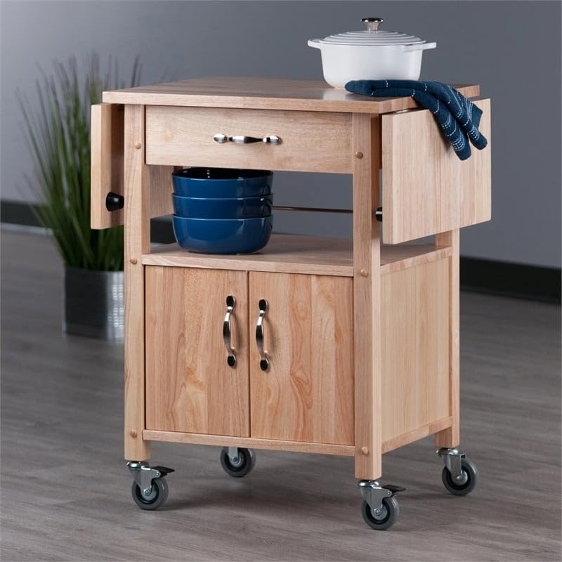 Pemberly Row Transitional Wood Drop Leaf Butcher Block Kitchen Cart in Natural Pemberly Row