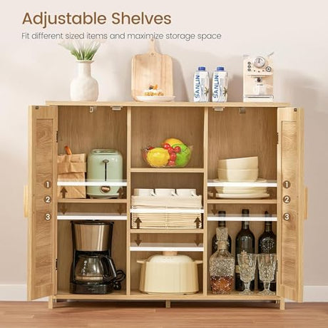 Iwell Storage Cabinet, Rattan Cabinet with 4 Adjustable Shelves, Bathroom Floor Cabinet, Sideboard Buffet Cabinet, Coffee Bar Cabinet, Accent Cabinet for Living Room, Entryway, Natural Iwell