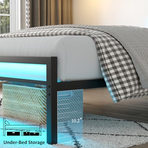 CollaredEagle Twin Bed Frame with LED Lights & Charging Station, Metal Platform Bed Frame with Fabric Upholstered Headboard, No Box Spring Needed, Noise Free, Easy Assembly, Black CollaredEagle