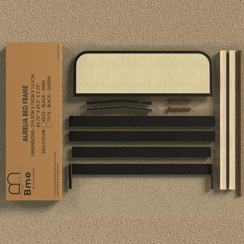 Bme Aurelia Black Solid Wood Bed Frame with Rattan Headboard - Bohemian & Mid Century Modern Style Bme