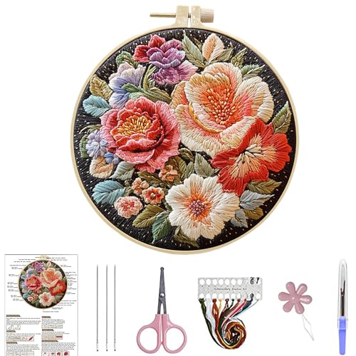 ARTopet Embroidery Kit for Beginners Cross Stitch Kits Needlepoint Set Colorful Flowers Patterns Embroidery Thread Kit for Craft Lover Hand Stitch with Hoop Threads Fabric-Flowers02