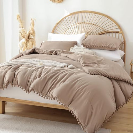YIRDDEO Twin Comforter Set - Comforter Twin Size Bed with Ball Pom Fringe, Soft Bedding Set for All Seasons - 2 Pieces, 1 Comforter (66"x90") & 1 Pillow Sham(20"x26"), Taupe YIRDDEO