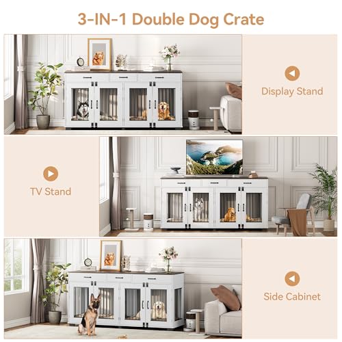71 in Dog Crate Furniture for 2 Dogs, Wooden Double Dog Crate with 3 Drawers and Removable Room Divider, XXL Indoor Dog Kennel TV Stand End Table with Double Doors for Large Medium Dogs, White GarveeHome