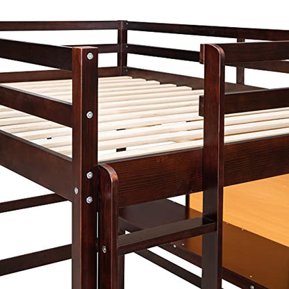 DEYOBED Espresso Wooden Twin Size Loft Bed with Desk, Writing Board, and Drawers