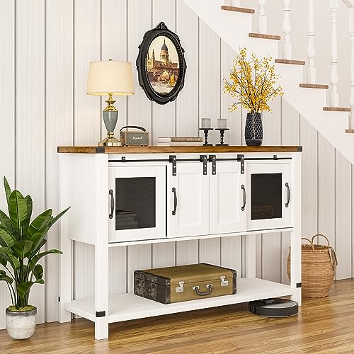 4ever2buy Farmhouse Coffee Bar Cabinet with Storage, 47'' Coffee Bar Table with Sliding Barn and Metal Mesh Doors, White Coffee Table with Bottom Open Shelf for Living Room