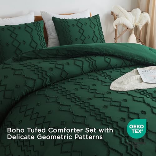 Andency King Size Comforter Set, 3 Pieces Dark Emerald Green Boho Tufted Geometric Shabby Chic Bedding, Soft Fluffy Farmhouse Bed Set, Jacquard Textured Comforter for All Season (104x90 Inch)