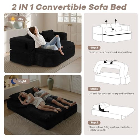 IZLKQC 75'' Folding Sleeper Sofa Bed, Convertible Memory Foam Boneless Couch, Foldable Full Size Guest Bed, Modern 2-in-1 Futon Floor Sleeper Sofa with 4 Pillows and Blanket (Corduroy, Black) IZLKQC