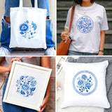 BEUNITONE 4 Set Embroidery Kit for Beginners, Blue Flower Cross Stitch Kits, Needlepoint Kits for Adults with Instructions and Full Kit, Classical Hand Embroidery Patterns for Cloth and Home Decor
