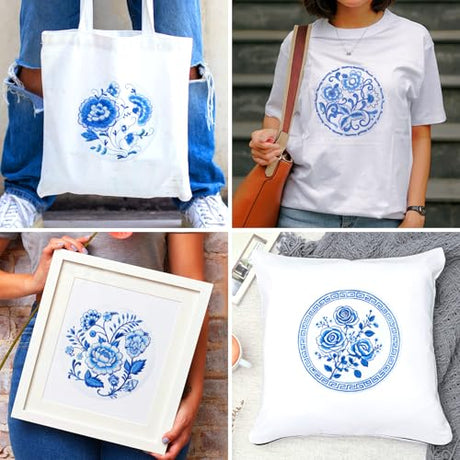 BEUNITONE 4 Set Embroidery Kit for Beginners, Blue Flower Cross Stitch Kits, Needlepoint Kits for Adults with Instructions and Full Kit, Classical Hand Embroidery Patterns for Cloth and Home Decor BEUNITONE
