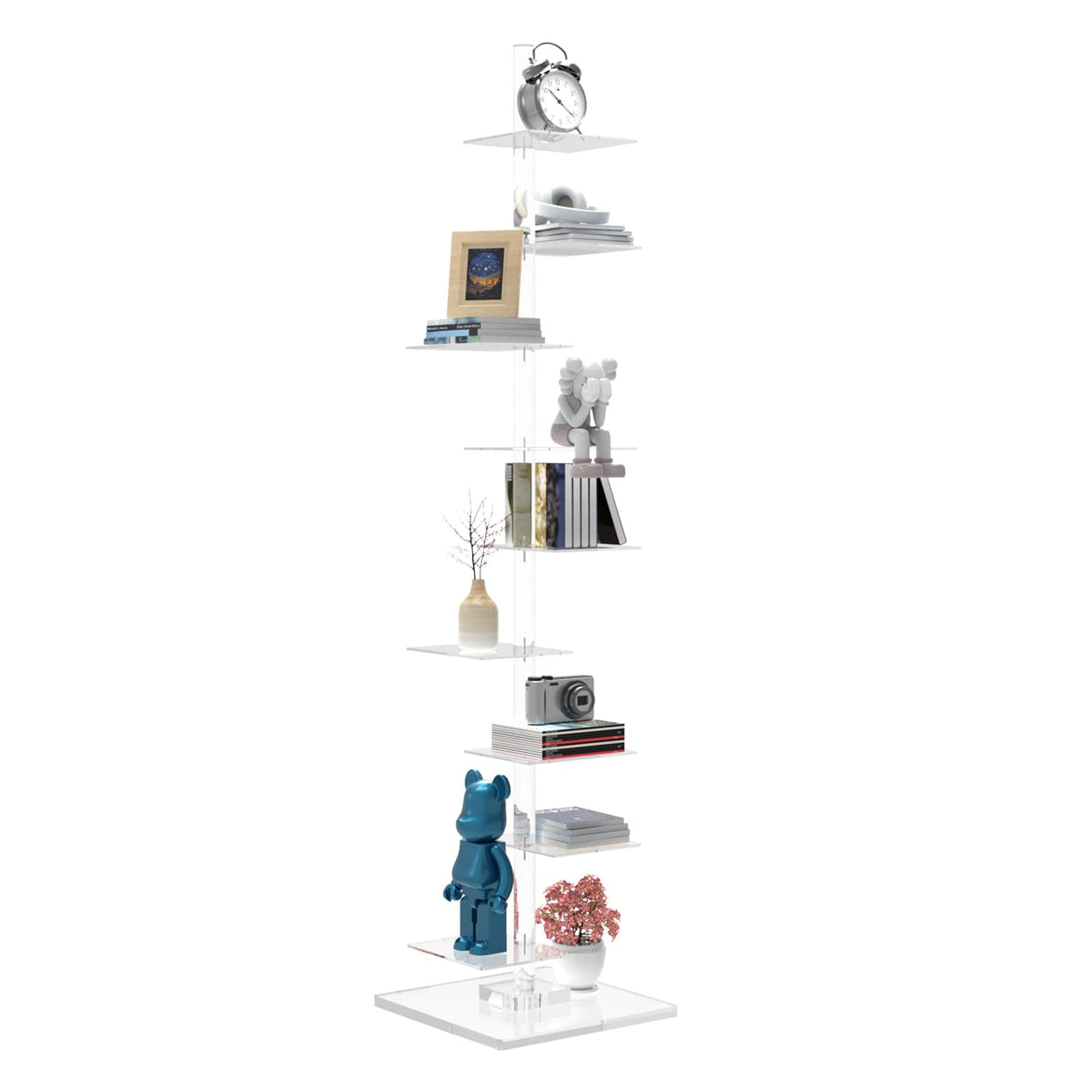 Nynelly 9 Tier Acrylic Bookshelf Invisible Bookshelf, Height Adjustable Vertical Spine Book Tower, Floor Standing Bookcase Display Shelf for Books,Decor, DIY Open Bookcase for Office, Living Room Nynelly