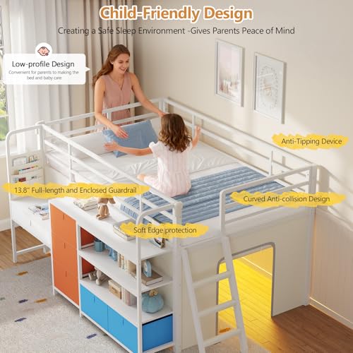 DICTAC Low Loft Bed with Desk and 6 Storage Drawers Twin Loft Bed with Bookshelf,LED Lights & Under-Bed Play Space,Kids Twin Beds with 13.8''H Safety Guardrail,Inclined Ladder & Play Curtain,Colorful DICTAC