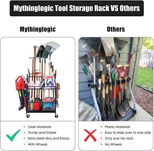 Mythinglogic Garden Tool Organizer for Garage, Yard Tool Rack with Wheels, Garage Organizers and Storage Holder for Yard Tools (Deluxe Tower) Mythinglogic