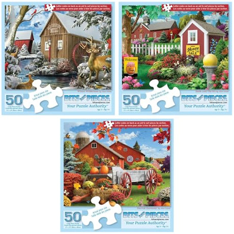 Bits and Pieces Set of 3 Jigsaw Puzzles - 50 Pieces - Cottage Core America Bits and Pieces