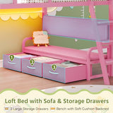 Dnxao Low Twin Loft Bed with Desk,9 Storage Drawers,Kids Loft Bed with 15.8" H Safety Guardrail,Twin Bed Frames for Kids with LED Lights and Charging Station,Under-Bed Play Space,Pink Dnxao