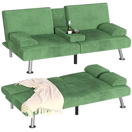 Homall Futon Sofa Bed, Futon Couch with Removable Armrests, Adjustable Recliner Sleeper Sofa Bed with Dual Cup Holders for Living Room, Apartment, Office (Corduroy, Green) Homall