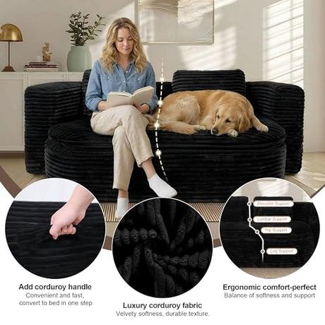 IZLKQC 75'' Folding Sleeper Sofa Bed, Convertible Memory Foam Boneless Couch, Foldable Full Size Guest Bed, Modern 2-in-1 Futon Floor Sleeper Sofa with 4 Pillows and Blanket (Corduroy, Black) IZLKQC