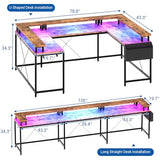 Garvee 79 Inch u Shaped Computer Desk,Large Gaming Desk with Power Outlets & LED Lights,Reversible l Shaped Desk for Home Office Work and Gaming,Rustic Brown Garvee