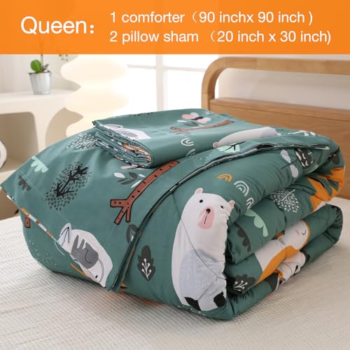 JSD Green Forest Animals Kids Comforter Set Queen Size, 3 Piece Woodland Printed Microfiber Bedding Set, Machine Washable JSD