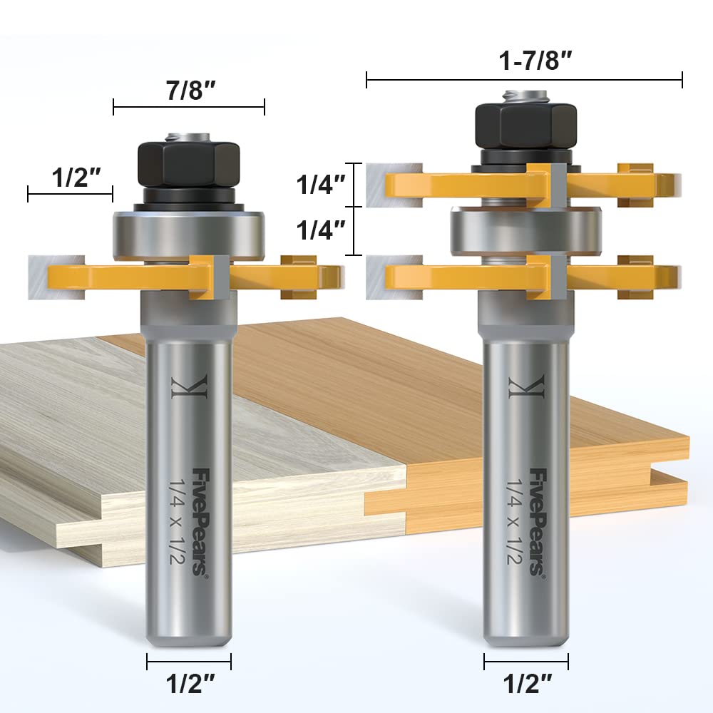 FivePears Tongue and Groove Router Bit Set with 1/2" Shank,T Shape 3 Teeth Wood Milling Cutter Woodworking Tool(2pcs) - WoodArtSupply