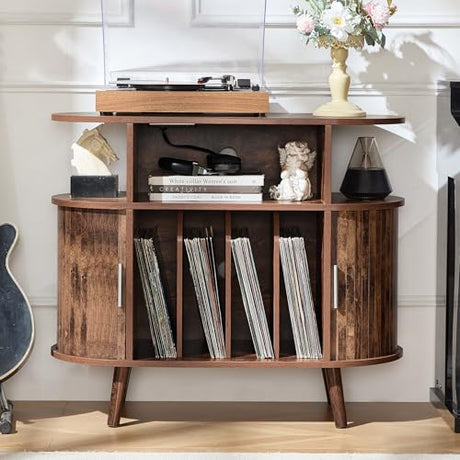 LELELINKY Large Round Record Player Stand with Charging Station & Fluted Panel, Brown Mid Century Modern Turntable Cabinet with Vinyl Storage, Arched Wood Record Player Table for Living Room LELELINKY