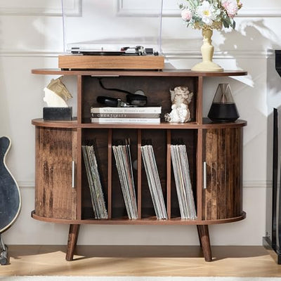 LELELINKY Large Round Record Player Stand with Charging Station & Fluted Panel, Brown Mid Century Modern Turntable Cabinet with Vinyl Storage, Arched Wood Record Player Table for Living Room
