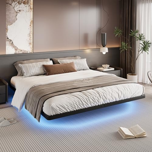 SHA CERLIN Floating Bed Frame King Size with Smart LED Lights and Charging Station, Heavy Duty Metal Platform Bed with Modern Design,No Box Spring Needed, Easy Assembly, Matte Black SHA CERLIN